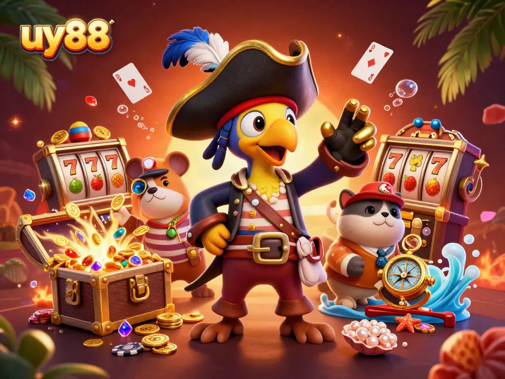 Experience the excitement of uy88 with dynamic characters amidst spinning slot machines and treasures.