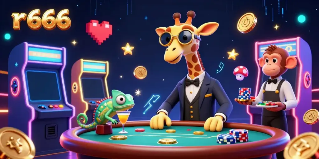 Experience the thrill of r 666 with a giraffe high-roller at a vibrant casino scene filled with exciting gaming elements.