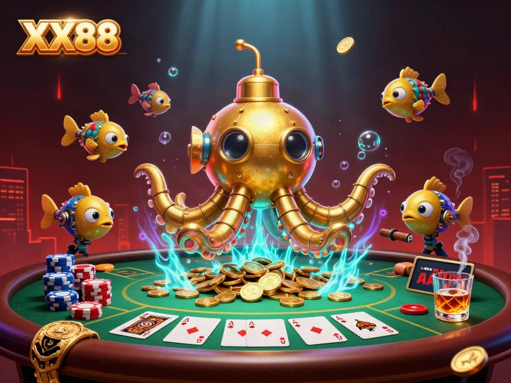 Experience the thrilling world of XX88 with a golden kraken submarine and vibrant poker scene.