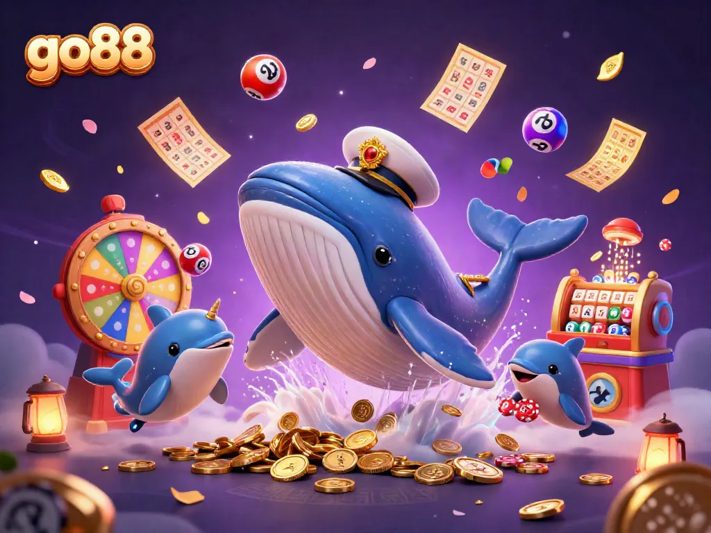 Experience the excitement of go88 with a giant whale and vibrant game elements in this dynamic casino illustration.