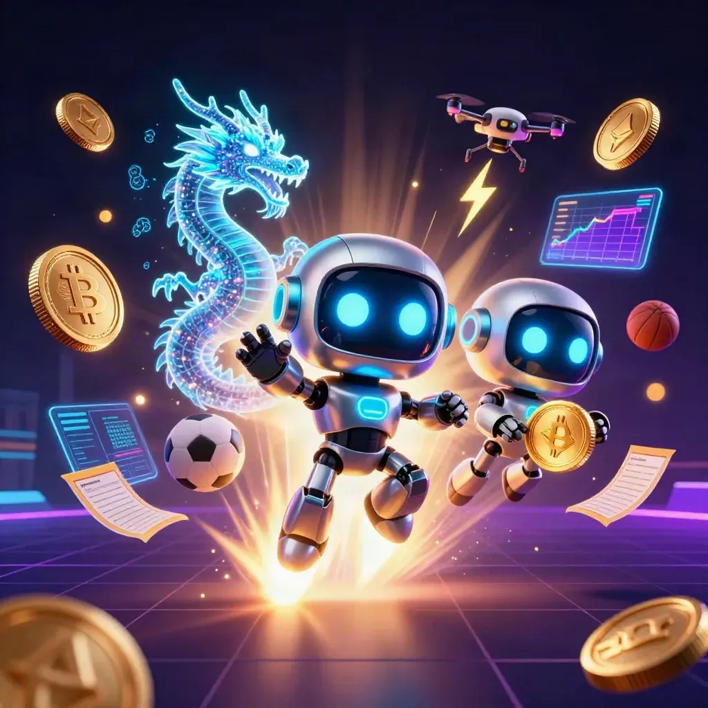 Cyberpunk robot, holographic dragon, and coin drone amid neon crypto and sports betting effects.