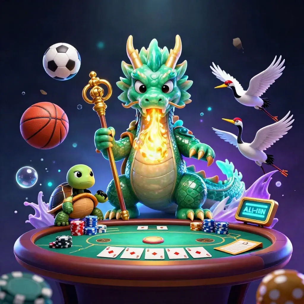 Emerald dragon, turtle sage, cranes, poker chips, soccer ball, basketball, neon casino glow