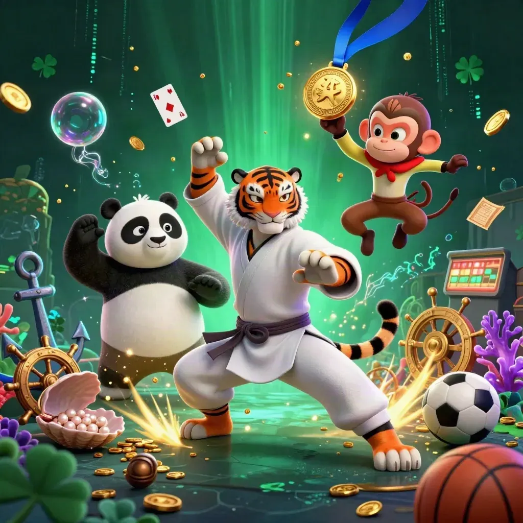 Kung-fu tiger, panda, and monkey amid treasure, neon magic, and casino-themed loot