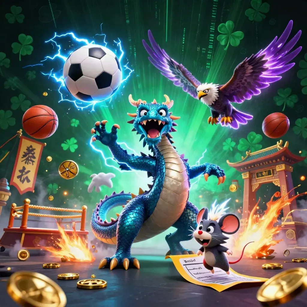 Electric dragon, hawk and static mouse blast sports gear amid lightning and gold in a dark casino scene.