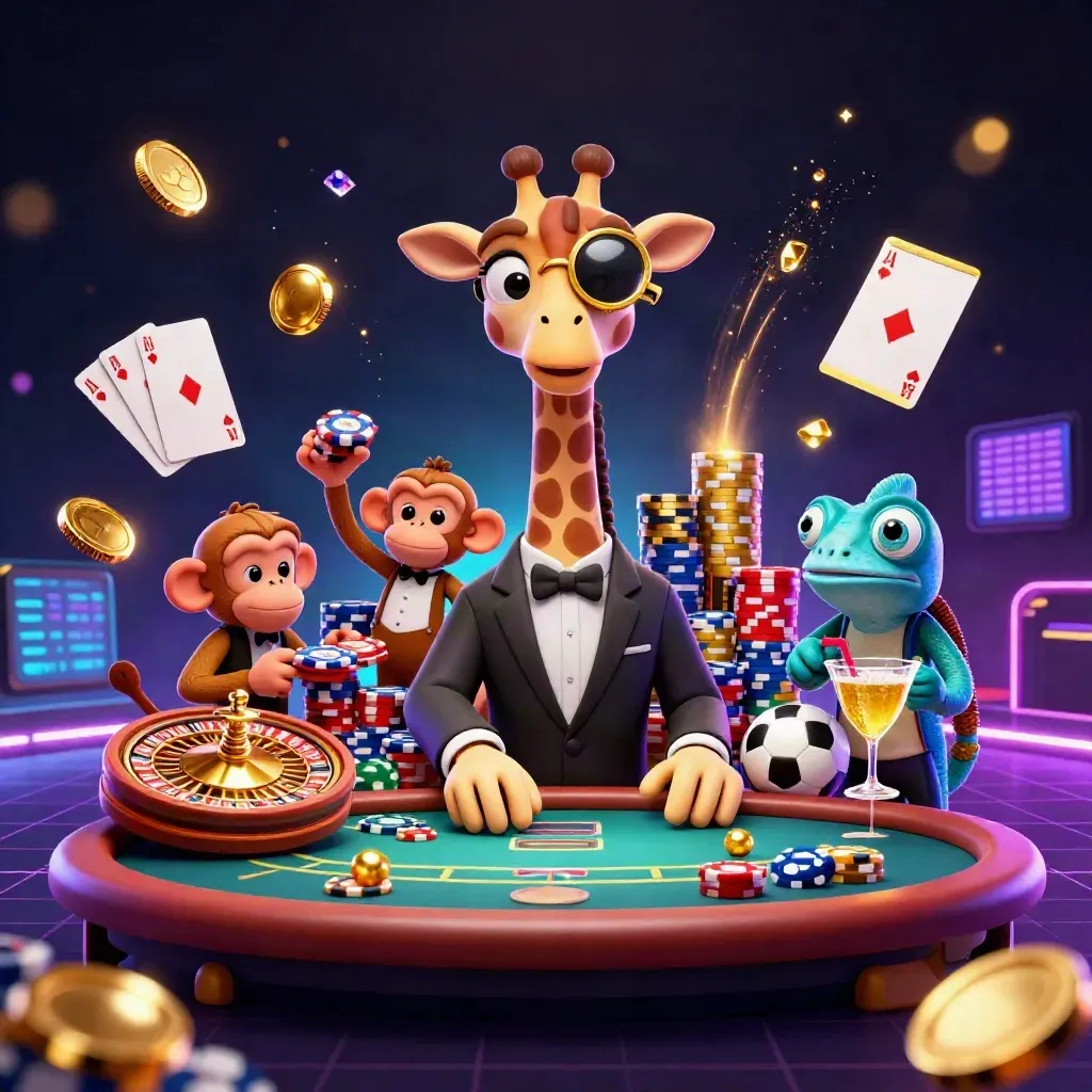 Cartoon giraffe, monkey and chameleon at a glowing casino table with coins, chips, cards and sports balls.
