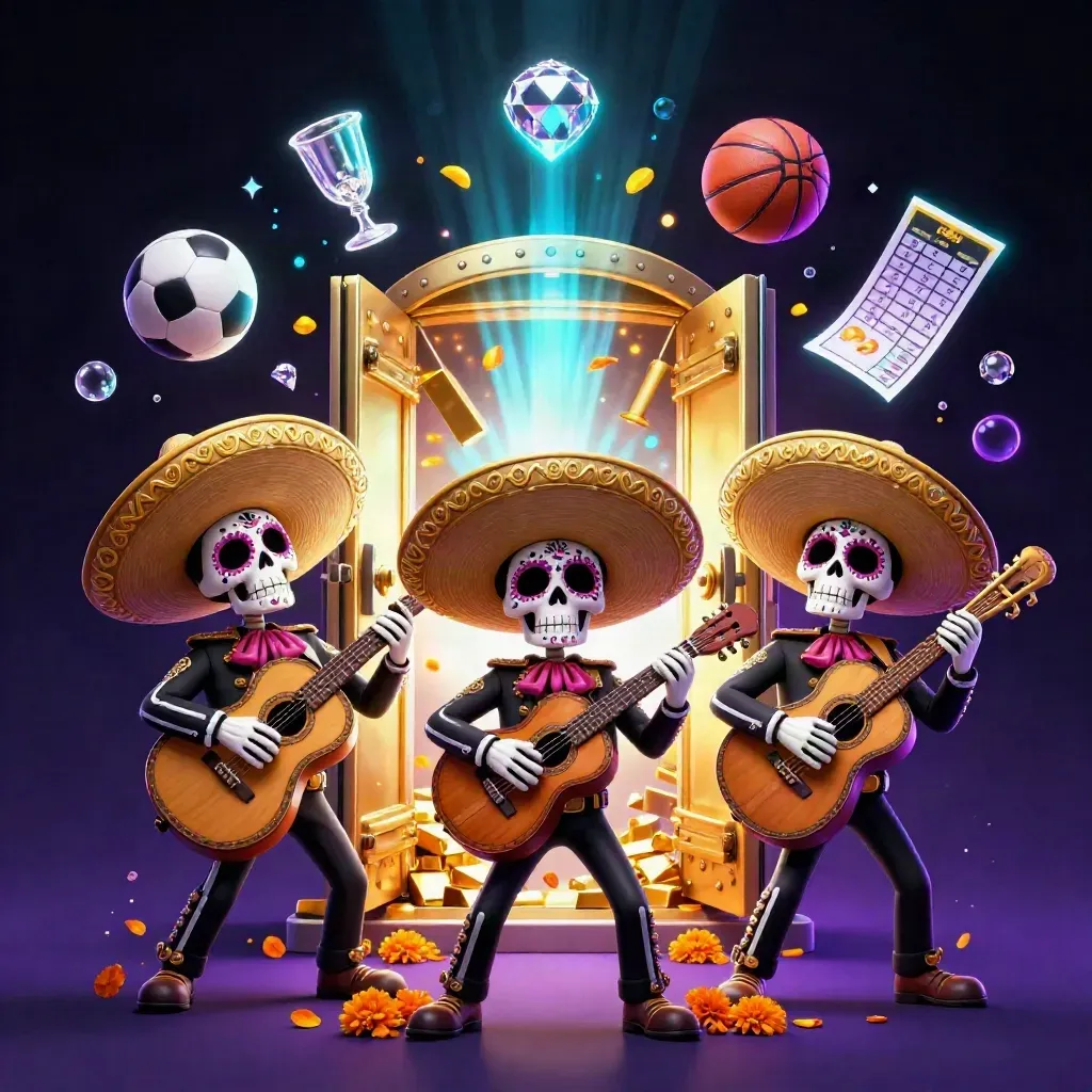 Skeleton mariachi trio amid vault gold, cyan glow, and casino loot in a dark neon burst.