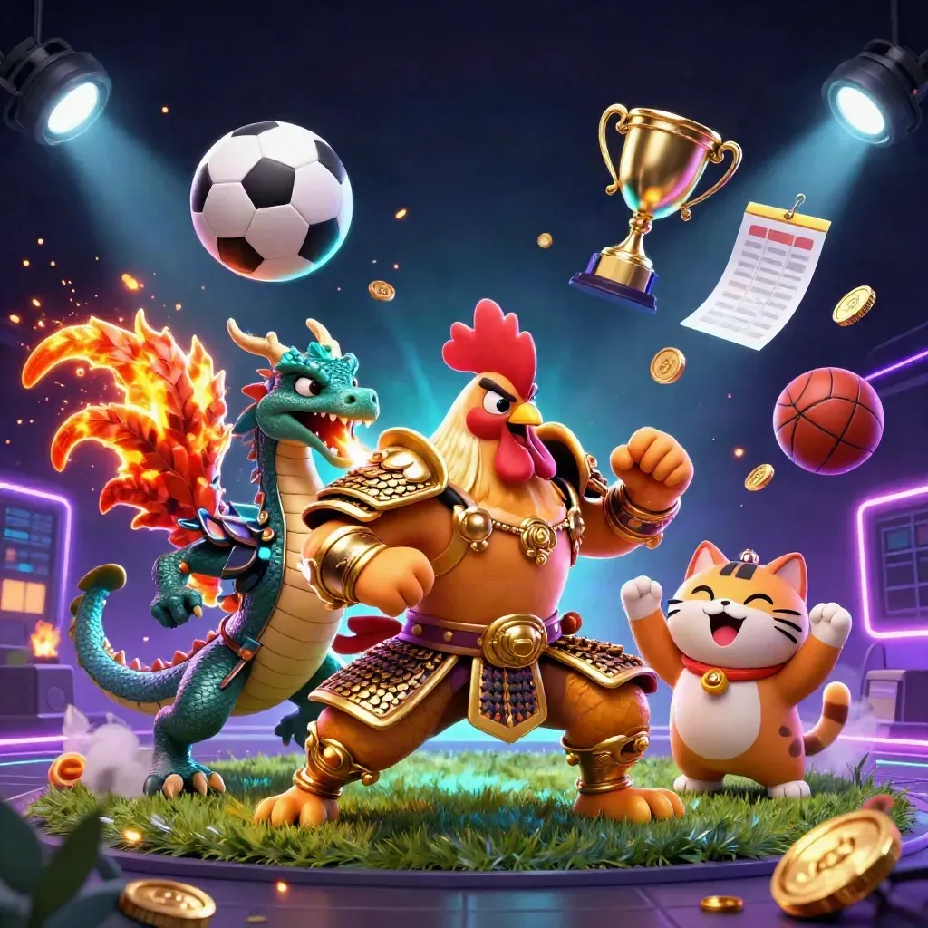 Rooster samurai, dragon hatchling, and fortune-cat amid flying balls, coins, sparks, and floodlights.