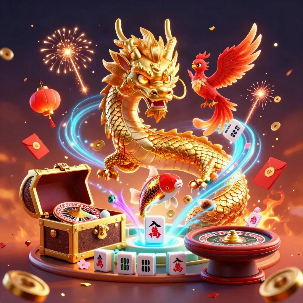 Golden dragon, phoenix, and koi amid casino props, lanterns, coins, fireworks, and glowing effects.