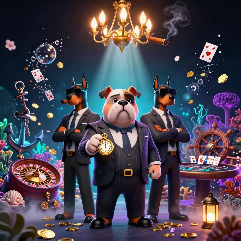 Cartoon mafia bulldog and Dobermans in a neon underwater casino treasure cove.