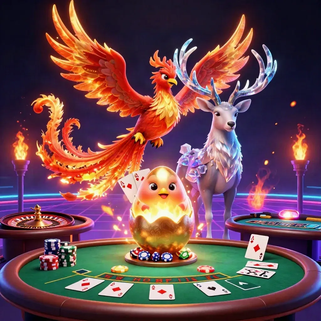 Fire phoenix, hatchling, and crystal stag amid casino tables, chips, neon grid, and embers.