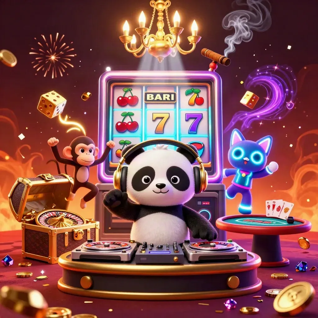 Panda DJ, breakdancing monkey, and glow-stick kitten amid casino jackpot effects.