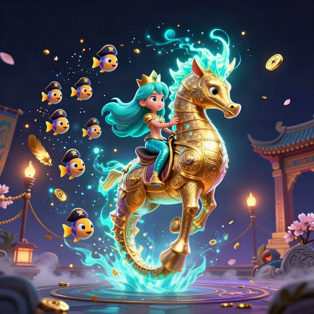 Mermaid princess rides a golden seahorse amid cyan magic, fish, coins, and temple ruins.