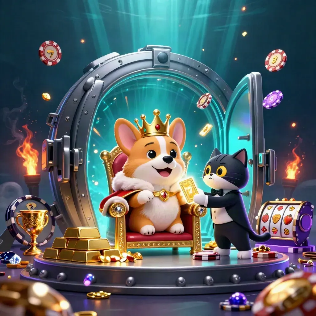 Royal corgi king and cat butler amid an open vault, gold, gems, and cyan casino glow.