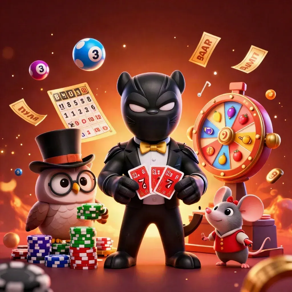 Panther, owl, and mouse deal cards amid reels, chips, balls, tickets, and glowing casino effects.