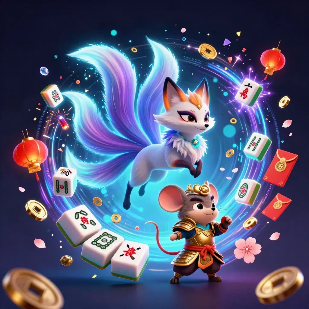 Neon fox spirit and armored mouse amid coins, jade tiles, lanterns, and gem bursts
