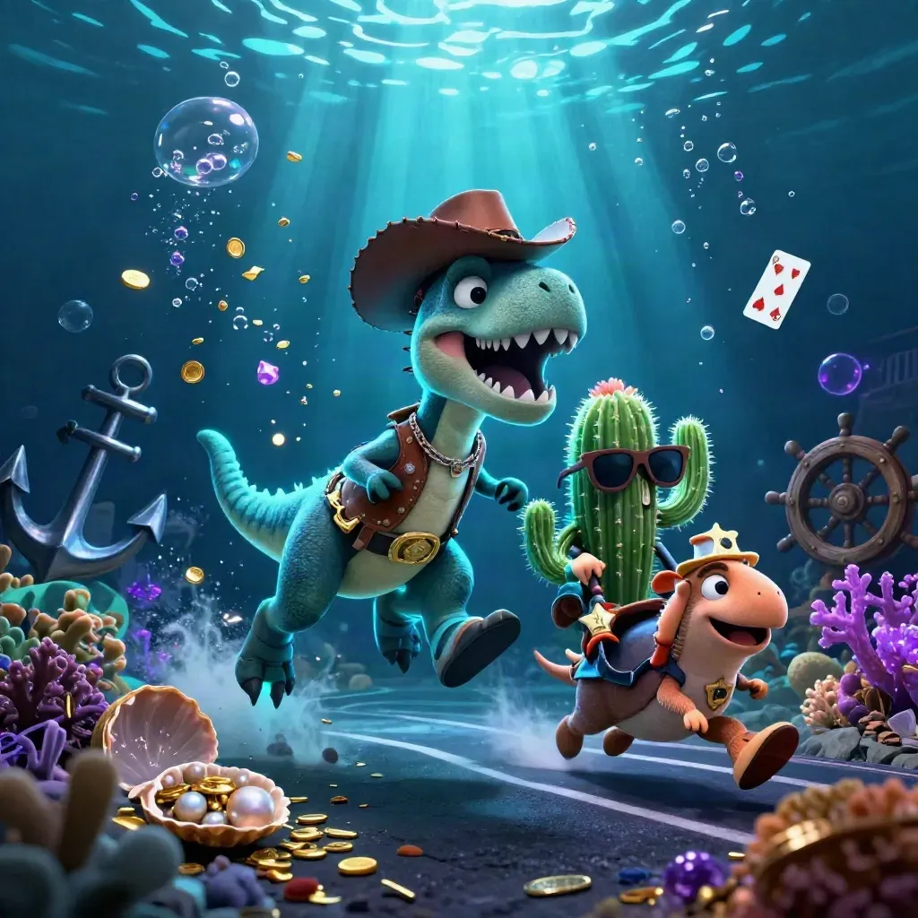 Cowboy T-Rex, cactus and roadrunner bursting through an underwater treasure cove with coins and gems