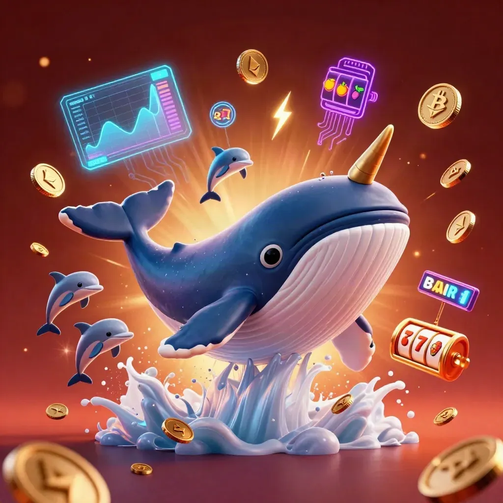 Whale captain, narwhal, and dolphins burst through coins with neon crypto casino effects.