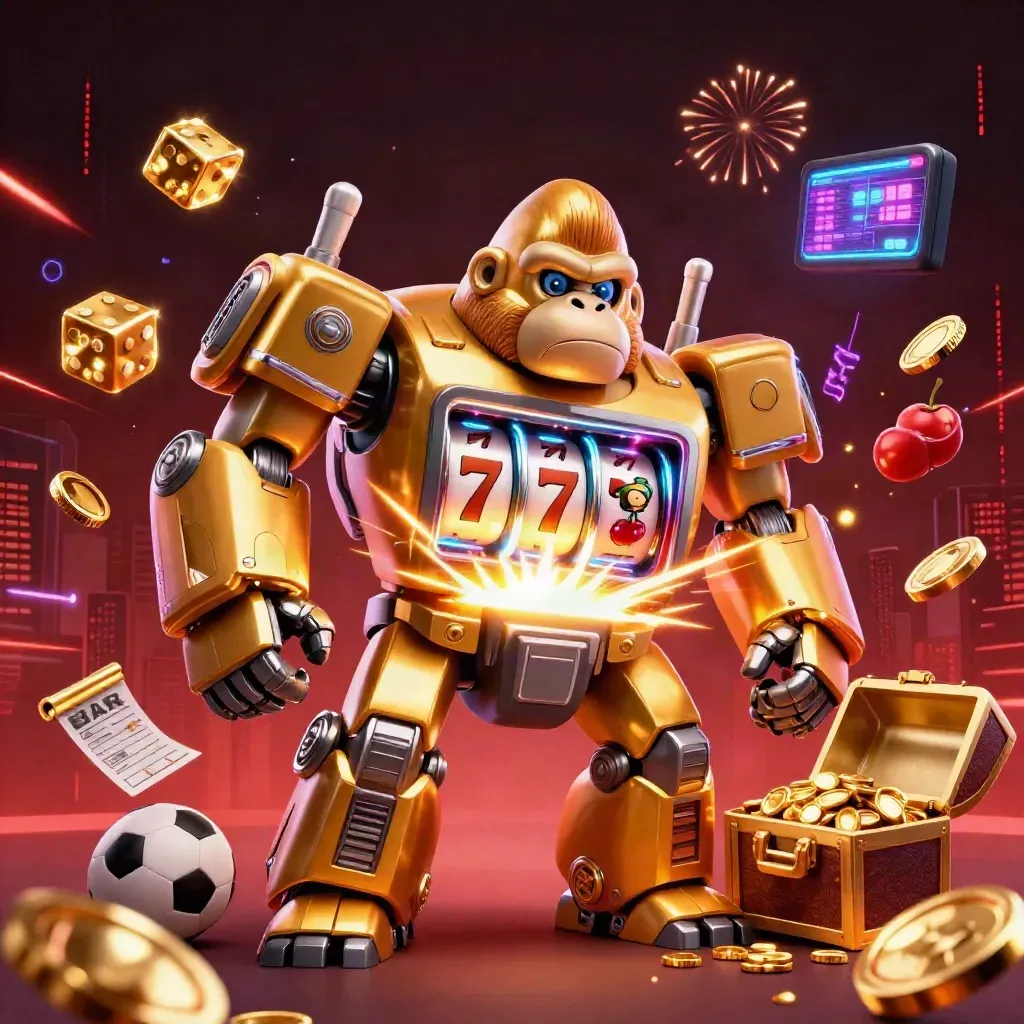 Golden gorilla slot-mech bursts with coins, fireworks, dice, and esports betting icons in neon darkness.