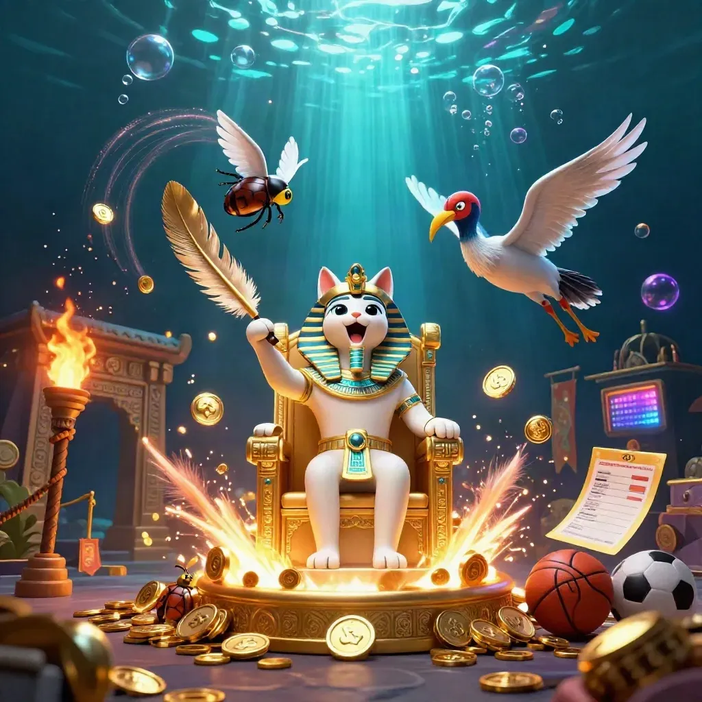 Pharaoh cat throne scene with ibis scribe, gem-wing scarabs, coins, fireworks, and underwater glow.