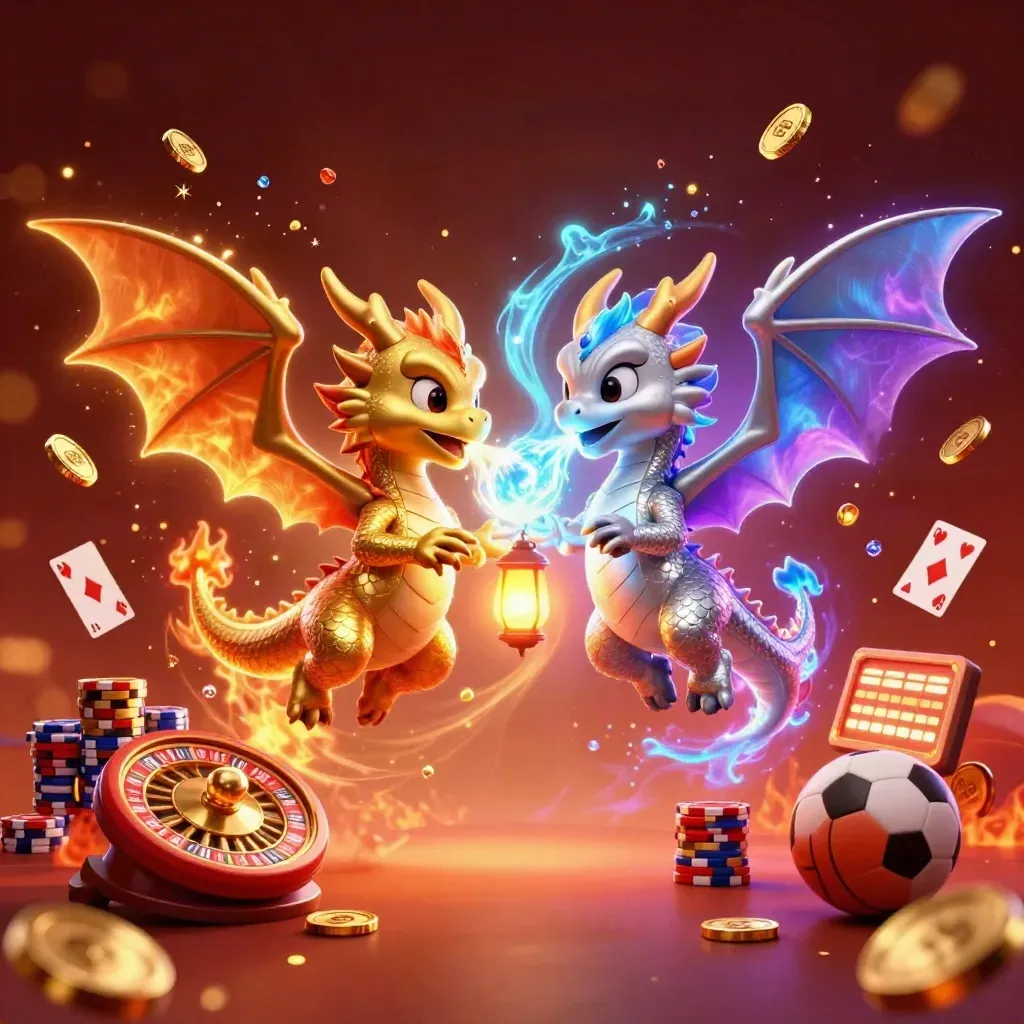 Intertwined gold and silver dragons with coins, chips, cards, sports balls, and glowing effects.