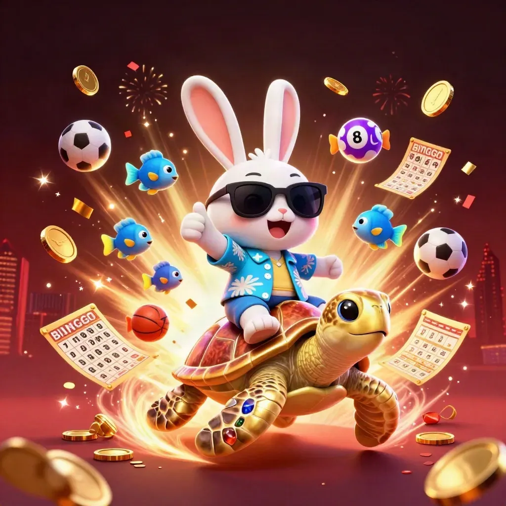 Lucky rabbit rides a gem turtle amid coins, fireworks, lottery balls, and neon casino effects