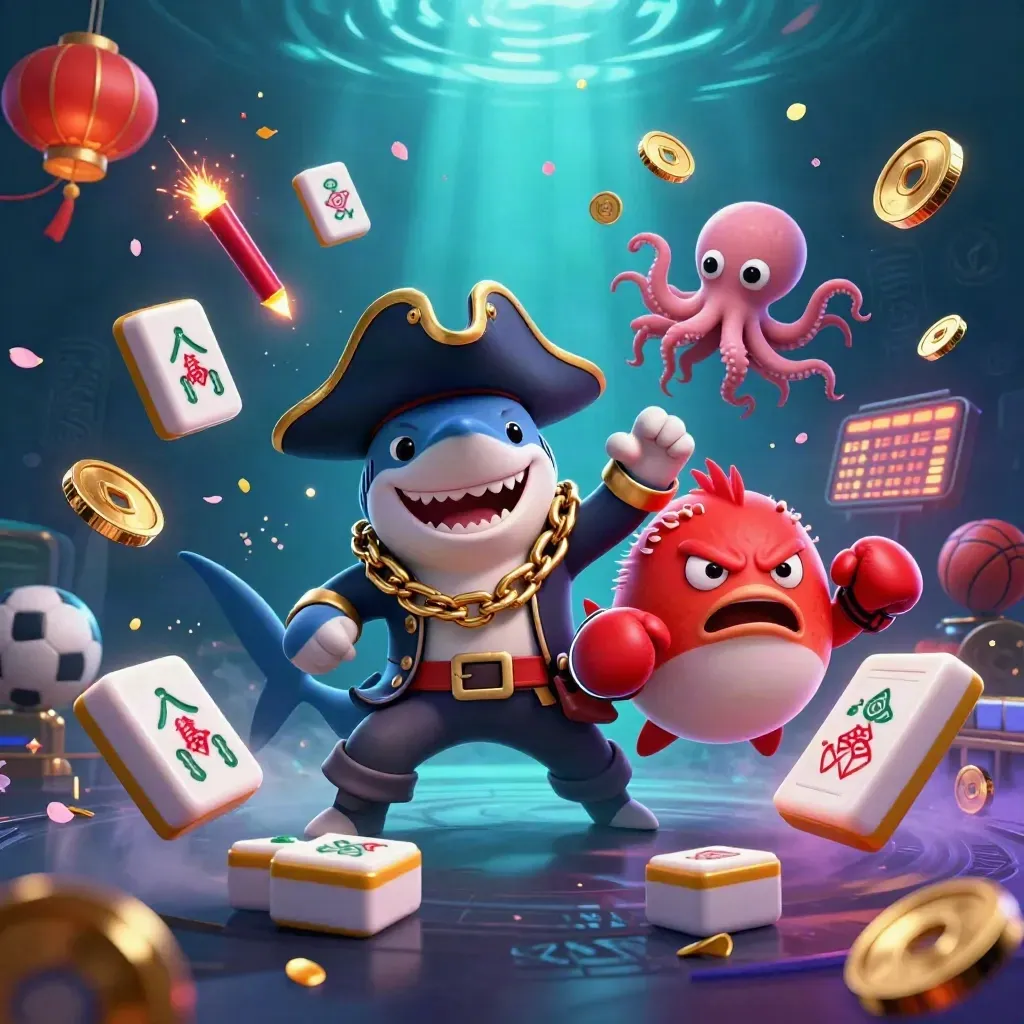 Pirate shark, boxing pufferfish, and juggling octopus amid gold coins and casino flair underwater.