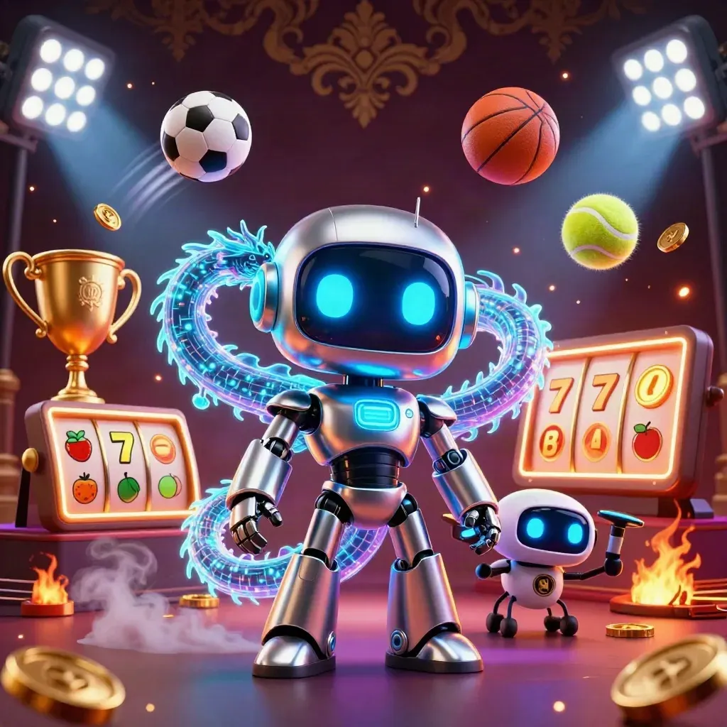 Cyberpunk robot, holographic dragon and coin drone amid casino effects on a dark cyan-lit burgundy background.