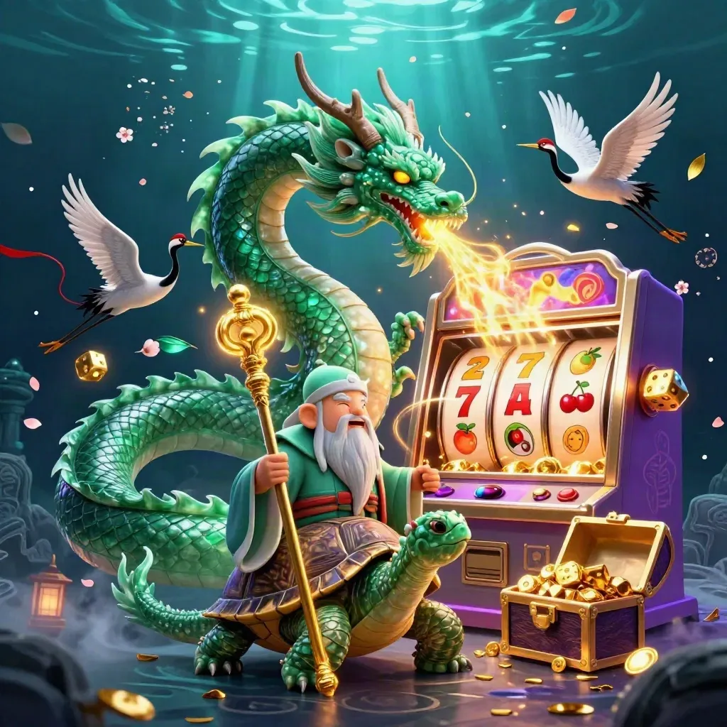 Jade dragon, turtle sage, and cranes amid slot bursts and gold in a neon underwater scene.