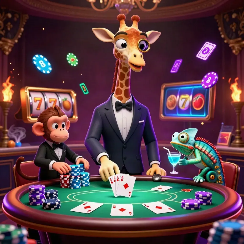 Giraffe, monkey, and chameleon at a neon VIP poker table with chips, cards, and glowing casino effects