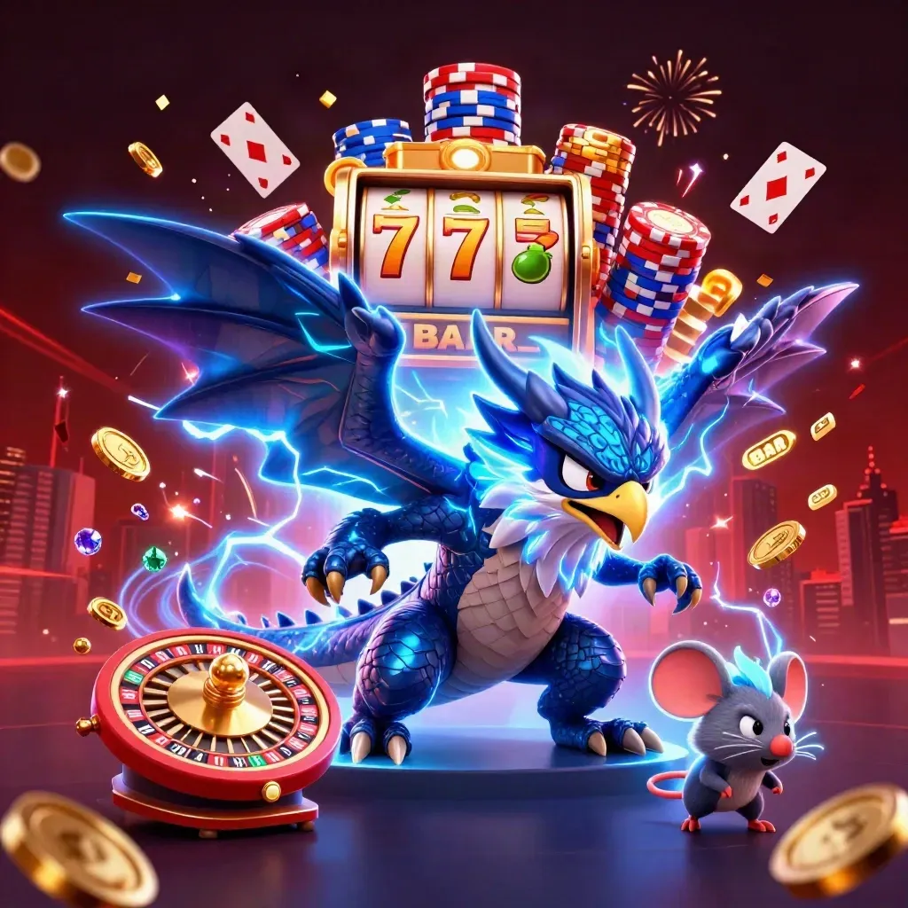 Thunder dragon, hawk, and static mouse amid coins, roulette wheel, chips, and lightning.
