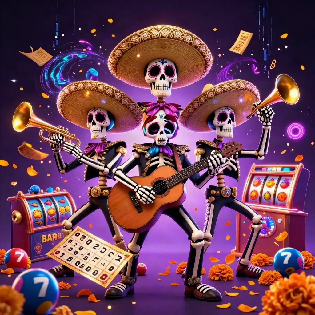 Skeleton mariachi trio with casino game bursts, neon energy, and a dark purple starfield