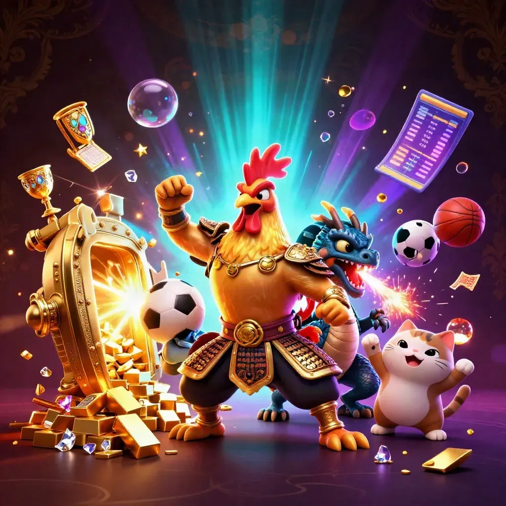Rooster warrior, dragon hatchling, and fortune-cat amid gold, sparks, and neon casino loot.
