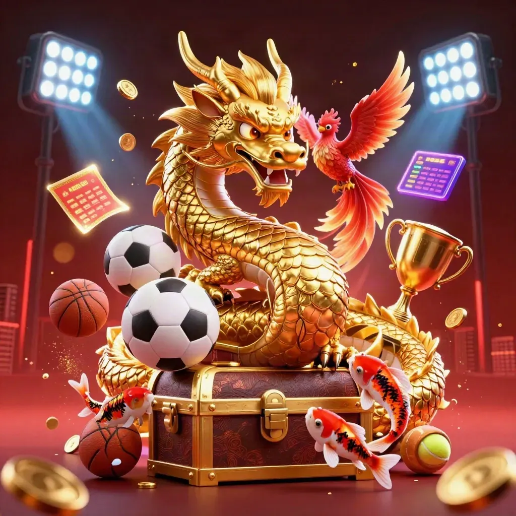 Golden dragon with treasure chest, phoenix, koi, and neon casino sports icons in dramatic light
