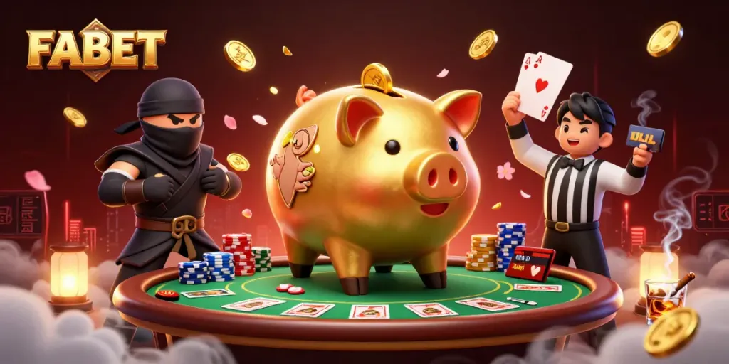 FABET delights players with a bustling casino scene featuring a golden piggy bank sumo wrestler and poker elements.