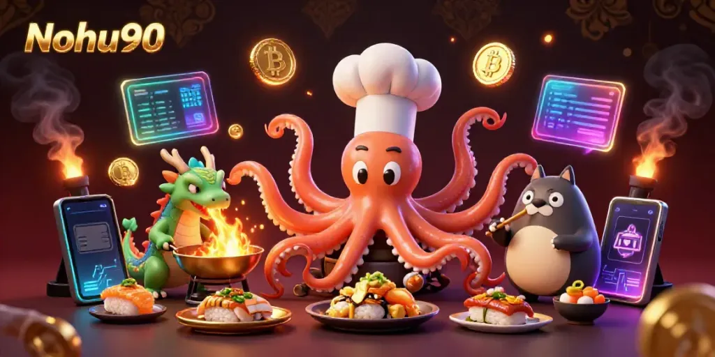 Nohu90 features a vibrant scene with a culinary octopus and dragon in a casino setting