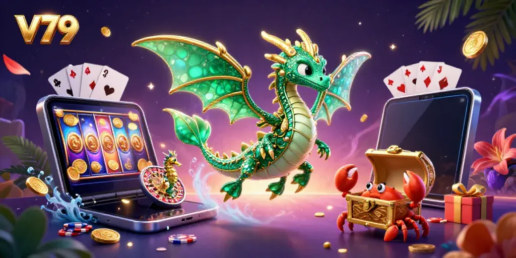 Experience thrilling gameplay at V79 with a vibrant illustration featuring a sea dragon and treasures.