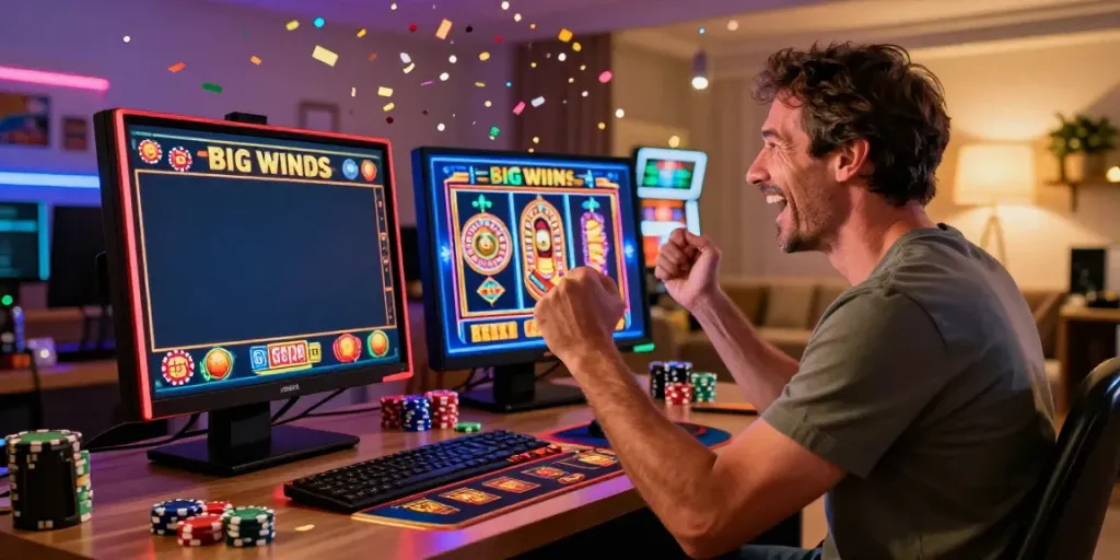 Joyful player celebrating a big win with casino bonus sans depot on smartphone in a lively living room.