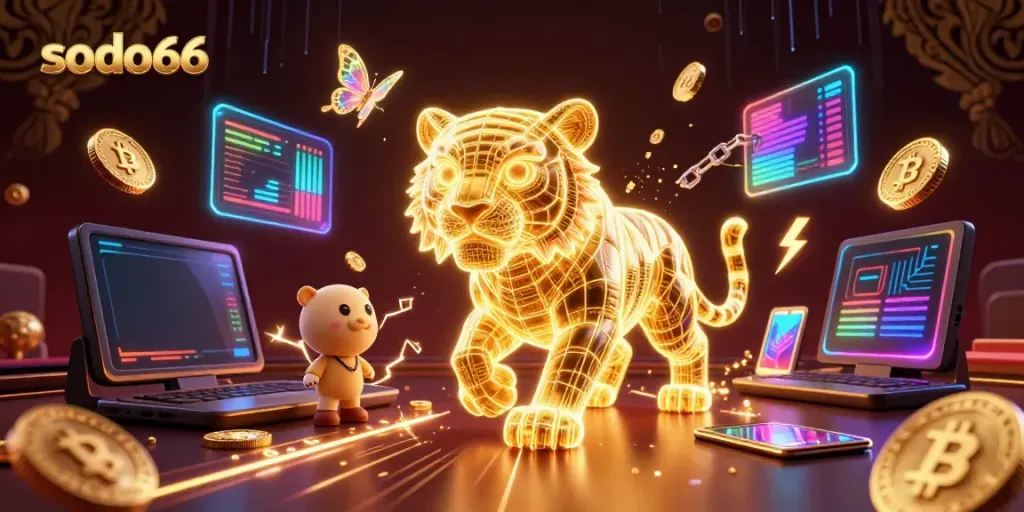 Sodo66's vibrant casino setting showcases a golden tiger and digital elements emitting neon energy while gaming.