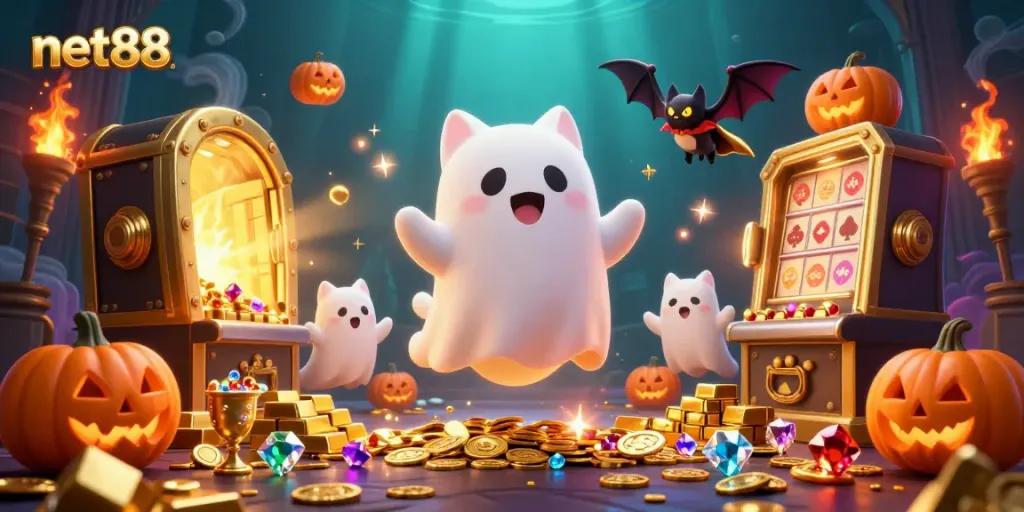 Experience thrilling gaming action at net88 with ghostly characters and sparkling treasures.