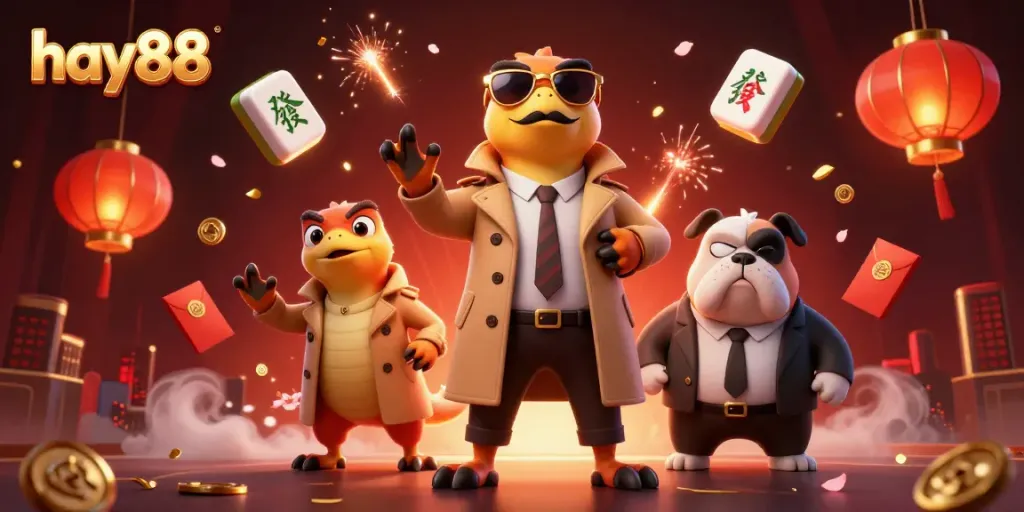 Experience hay88's vibrant casino atmosphere with playful characters and rich gaming elements.