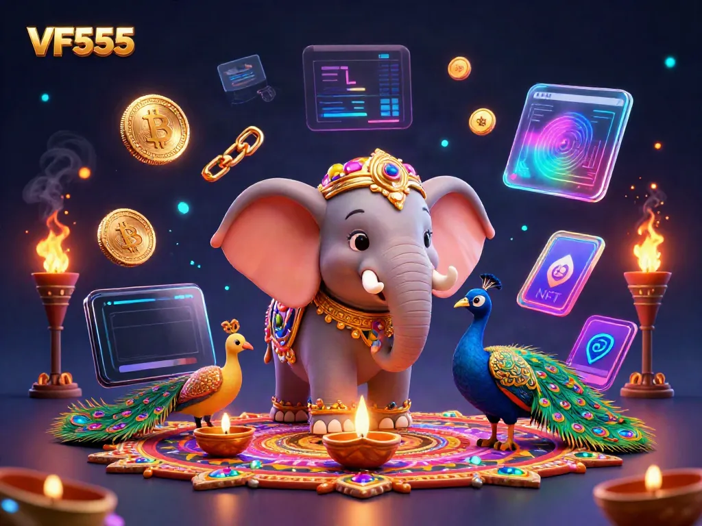 Experience the excitement of VF555 with a vibrant 3D casino scene featuring a Diwali elephant and crypto coins.