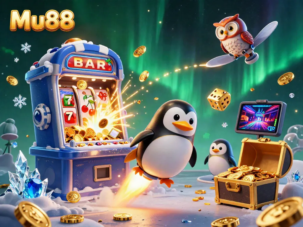Experience the excitement of Mu88 with a golden penguin in space, bursting slot machine, and thrilling casino elements.