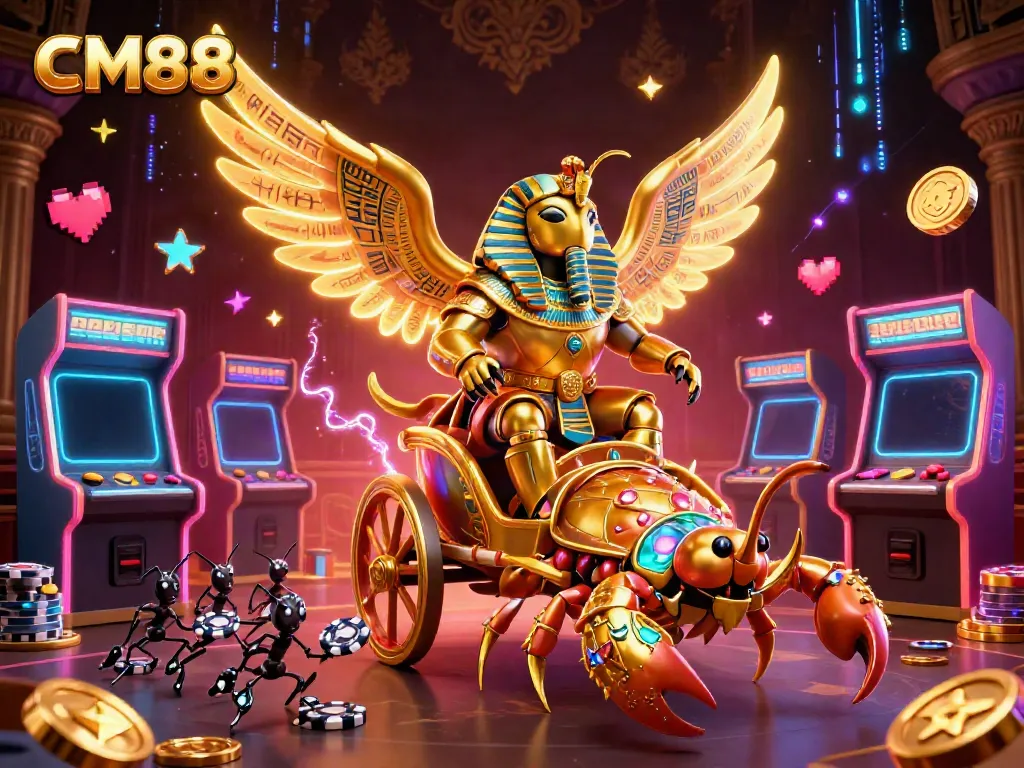 Engage in thrilling gaming at CM88 with a dazzling 3D casino scene featuring a pharaoh beetle and vibrant game elements.