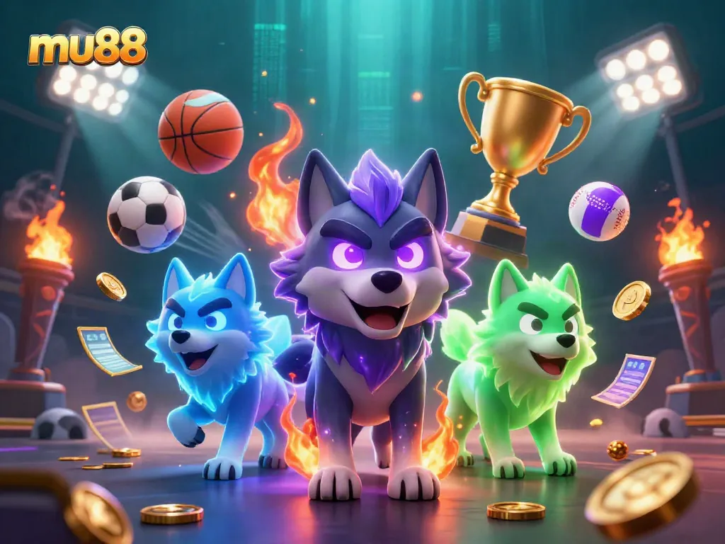 Experience thrilling betting with mu88 in a vibrant 3D casino illustration featuring wolves and sports elements.