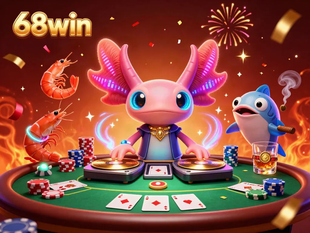 Engaging scene of 68win themed 3D axolotl DJ spinning records amidst vibrant casino elements.