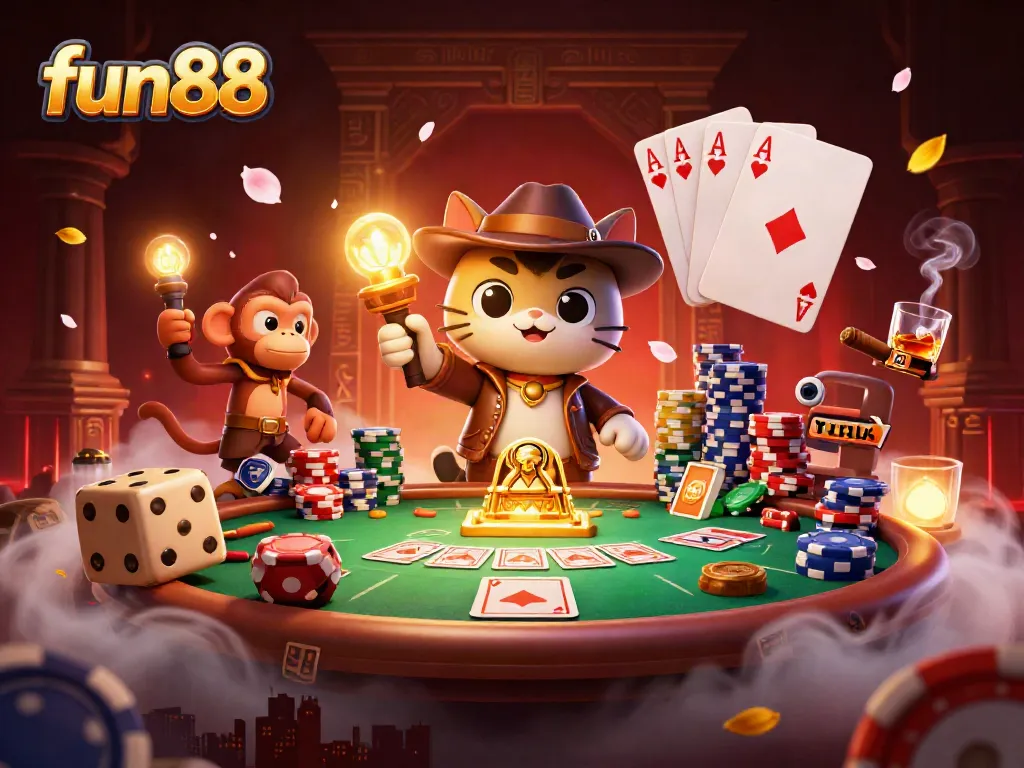Experience fun88 thrilling casino adventure with an explorer cat and monkey in a dynamic temple scene.