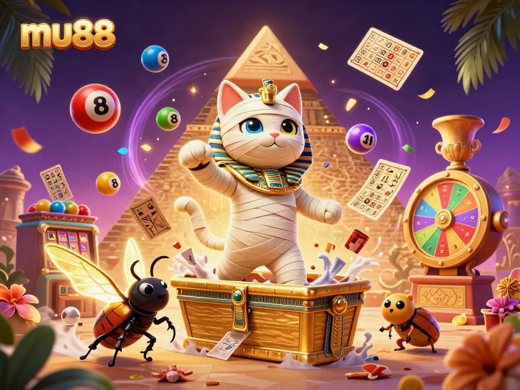 Join the fun at mu88 with a lucky Egyptian mummy cat and a vibrant casino backdrop, featuring dynamic gambling elements.