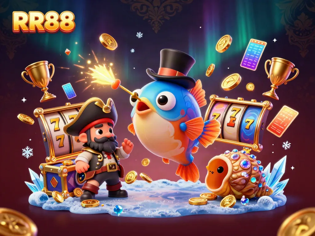 Experience the thrill of RR88 with a vibrant 3D anglerfish leading a treasure hunt amidst slot game elements.