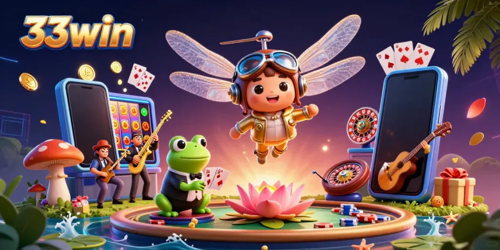 Engage in thrilling action at 33win's vibrant lily pad casino, featuring a dragonfly pilot and frog dealer.