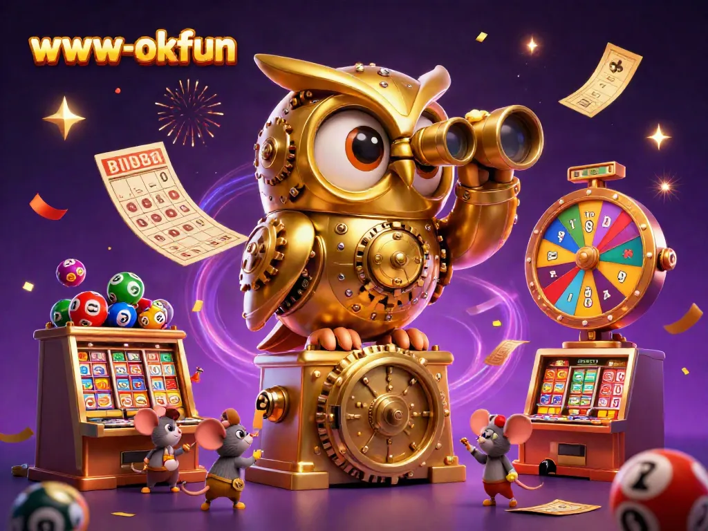 Experience the thrill of winning at www-okfun with a vibrant casino scene featuring a golden owl and lively game elements.